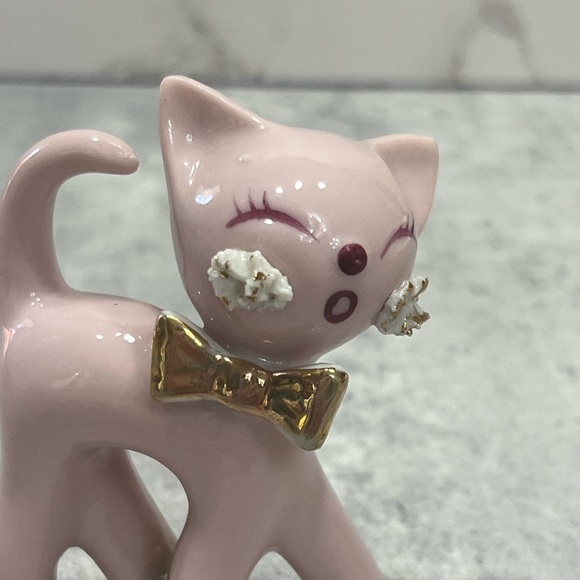 Vintage 1950’s Pink Porcelain Thames Spaghetti Cat w tag kitten gold Japan - Picture 8 of 14